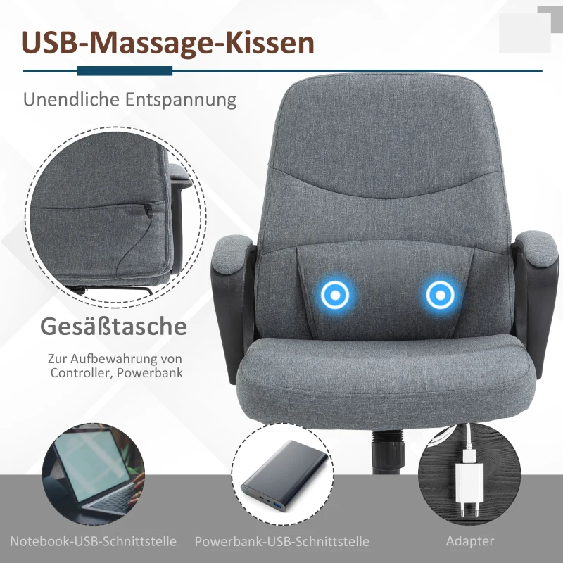 Vinsetto Chefsessel mit Massagefunktion Massage Sessel höhenverstellbarer Drehstuhl Bürostuhl ergonomisches Liniendesign mit USB-Schnittstelle höhenverstellbar Polyester PP Grau 59 x 63 x 92-101 cm