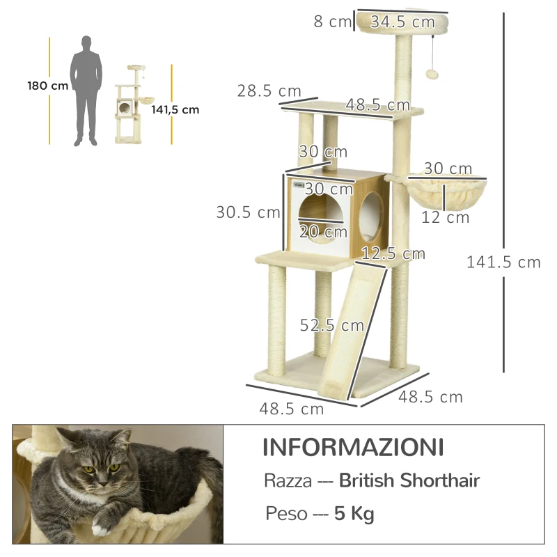 PawHut Albero per Gatti con Casetta, Tiragraffi per Gatti, Posatoio e Paletto, 48.5x48.5x141.5 cm, Beige