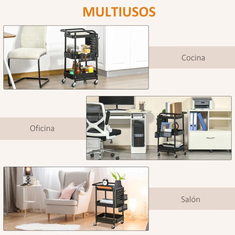 HOMCOM Carrito Auxiliar con Ruedas Carro de Almacenaje Multifuncional con 4 Ganchos y 2 Cestas Colgantes 51,5x32x75,6 cm Negro