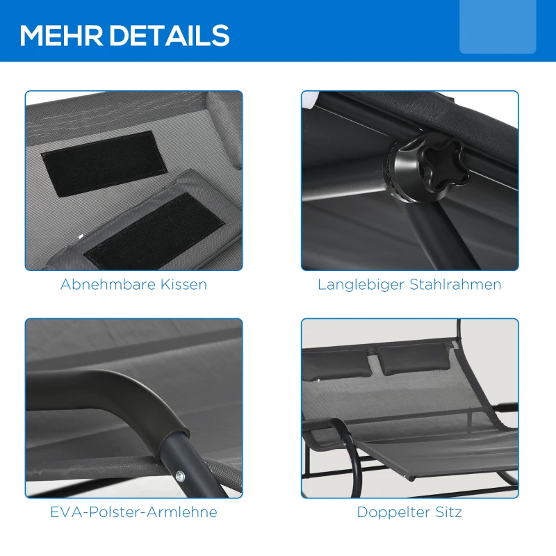 Outsunny Doppel-Sonnenliege für 2 Personen, inkl. Kissen u. Baldachin, 200 cm x 139 cm x 140 cm, Dunkelgrau