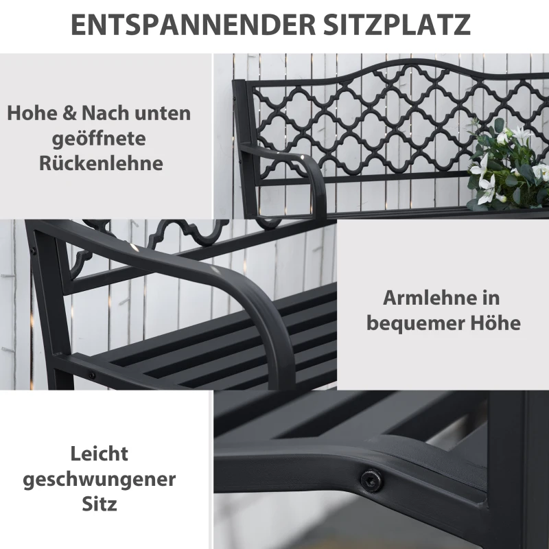 Outsunny Gartenbank 2-Sitzer Parkbank aus Metall Sitzbank bis 240 kg Bank Terrassenbank mit Rücken- & Armlehnen Gartenmöbel Gusseisen Schwarz 128 x 58,5 x 89 cm