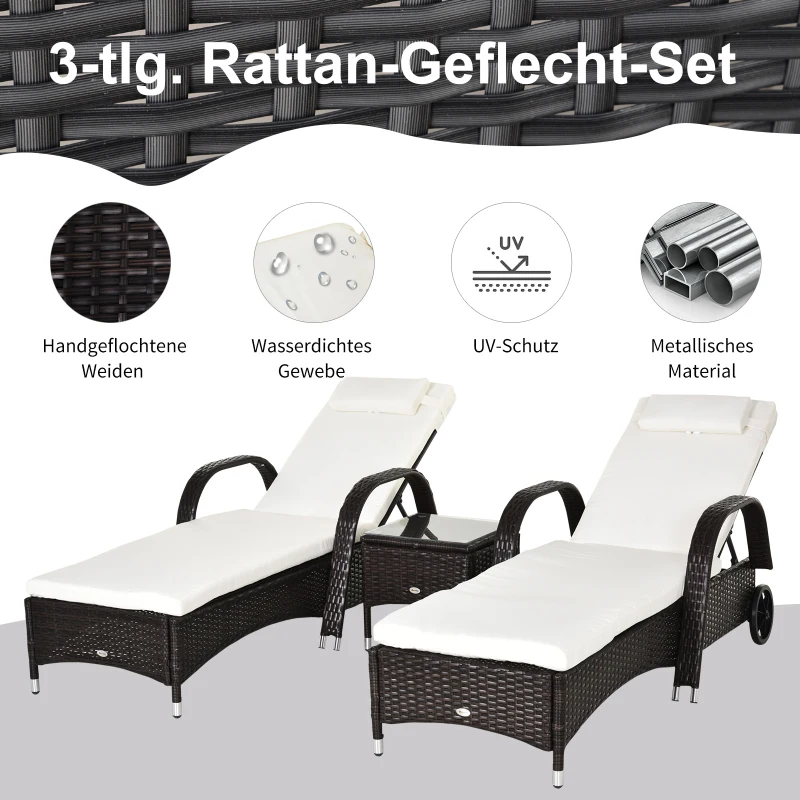 Outsunny 3er-Sonnenliegen-Set, 2x Gartenliege mit Beistelltisch, inkl. Liegeauflagen, Polyrattan, Braun+Cremeweiß