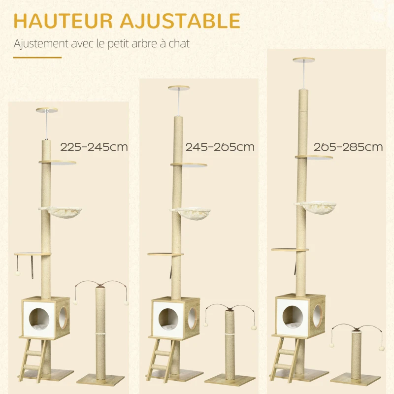 PawHut Arbre à chat sol au plafond hauteur réglable 225-285 cm avec poteau à gratter 4 niveaux niche hamac échelle jeux beige