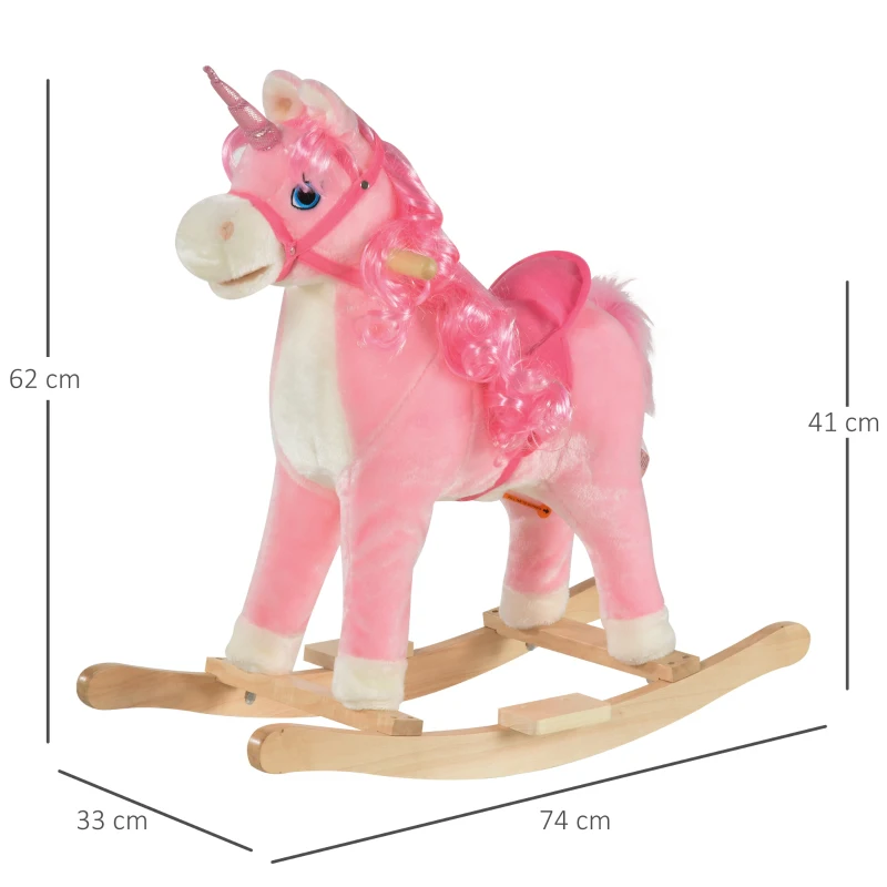 HOMCOM Cheval à Bascule modèle Licorne avec Sons Authentiques Selle Grand Confort Bois de peuplier Rose dim. L74 x l33 x 62H cm