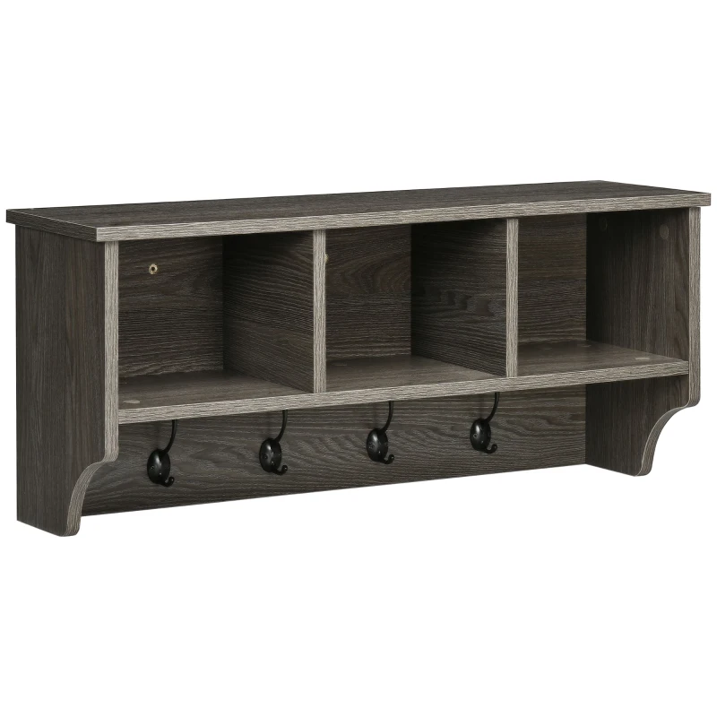 HOMCOM Perchero de Pared Estantería de Pared con 4 Ganchos y 3 Compartimientos para Pasillo Entrada 80x24x35,5 cm Gris