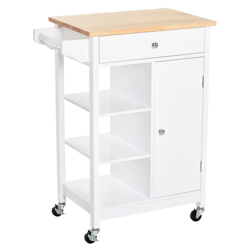 HOMCOM Carrito de Cocina Carro Auxiliar con Ruedas 1 Cajón 1 Armario 3 Estantes Abiertos de Almacenamiento para Comedor 66x39,5x86,5 cm Blanco