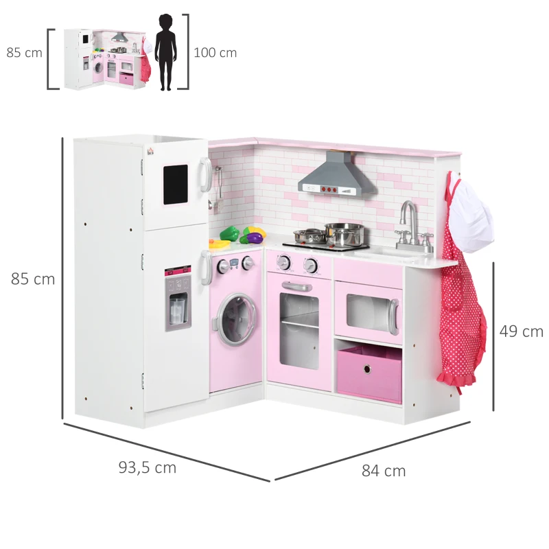 HOMCOM Cuisine d'angle pour enfants avec accessoires, sons et lumières - en MDF - rose et blanche