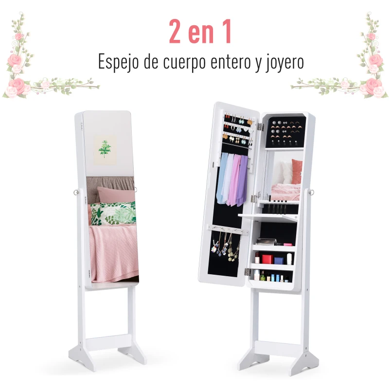 HOMCOM Joyero de Pie con Espejo Armario para Joyas Luces Reclinable Guardajoyas Anillos Pendientes Collares 30x36x146cm Blanco