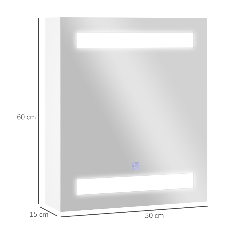 HOMCOM Armadietto Pensile da Bagno con 1 Anta, Specchio e Luci a LED | 2 Ripiani Interni | MDF Bianco (60 x 50 x 15cm)