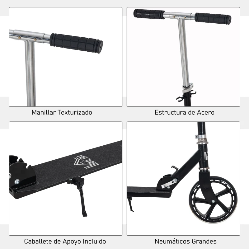 HOMCOM Patinete Plegable para Niños de 7-14 Años Scooter Infantil Manillar Ajustable en Altura de 4 Niveles con Freno 88x37x75-100 cm Negro