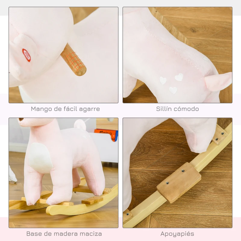 HOMCOM Caballito Balancín Forma de Ciervo para Niños de +3 Años Balancín Mecedora de Felpa con Sonidos y Base de Madera 68x35,5x64 cm Rosa