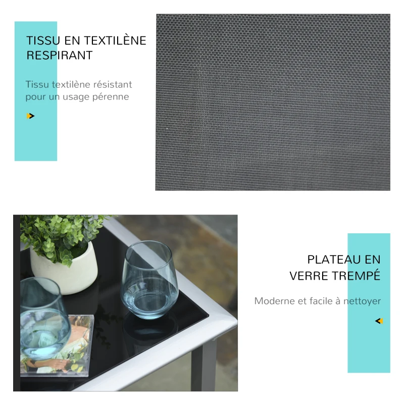 Outsunny Lot de 2 bains de soleil design contemporain table basse plateau verre trempé métal époxy textilène gris foncé