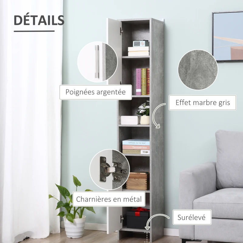 kleankin Meuble Colonne Rangement Salle de Bain dim. 30L x 30l x 180H cm 2 placards avec étagère + 2 niches Panneaux Particules Aspect Ciment Blanc