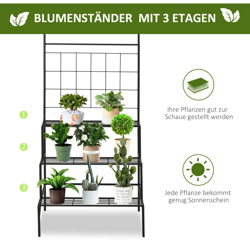 Outsunny Blumentreppe aus Metall 3 Stufen Pflanzenständer Pflanzentreppe Leiterregal Blumenständer innen draußen Schwarz 60 x 53,5 x 159,5 cm