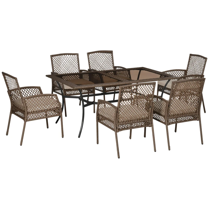 Outsunny Conjunto de Muebles de Jardín de Ratán 7 Piezas Incluye 6 Sillas con Cojines Mesa con Tablero de Vidrio Templado Marrón
