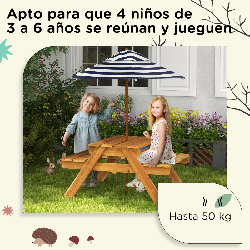 Outsunny Mesa y 2 Bancos Infantiles de Madera con Sombrilla y Arenero para Jardín Patio 89x80,5x142,5 cm Teca