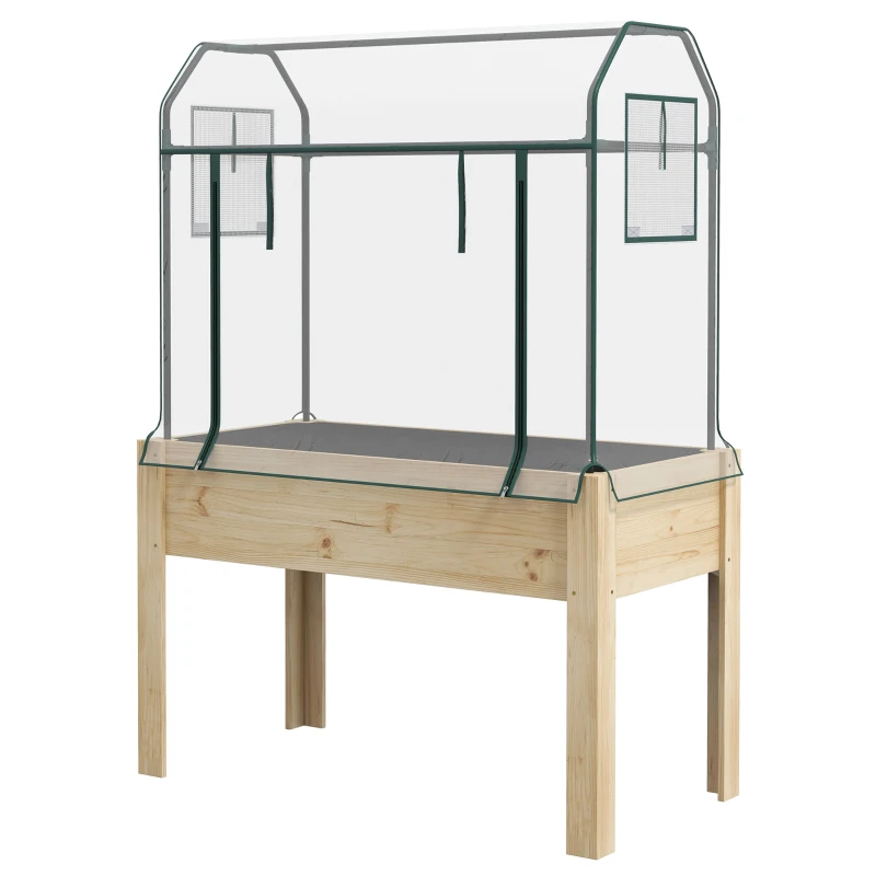 Outsunny Wooden Planter Box with Greenhouse Cover and Bed Liner, Raised Garden Bed for Vegetables, Flowers, Herbs