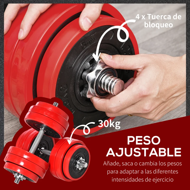 HOMCOM Juego de Mancuernas 30 kg Ajustables 2 en 1 con 12 Discos 2 Barras y Biela Ajustable para Entrenamiento de Fuerza Levantamiento de Pesas Hogar Gimnasio Oficina Negro y Rojo