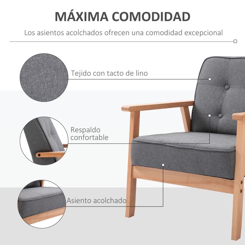 HOMCOM Butaca de Salón Moderna con Asiento Acolchado y Marco de Madera para Oficina Dormitorio 65x69x78 cm Gris