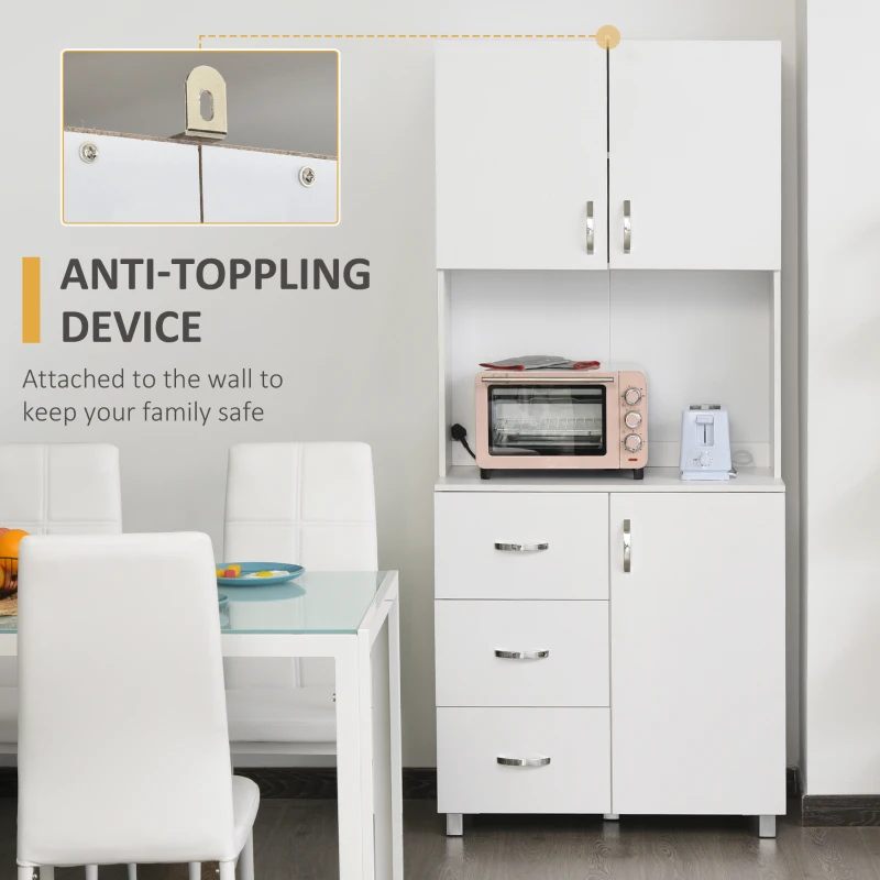HOMCOM Free standing Kitchen Cupboard, Storage Cabinet with Doors and Sheleves, 3 drawers and Open Space, Adjustable Height Storage Unit, White