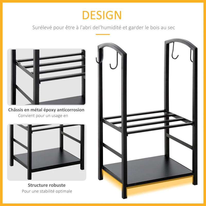 Outsunny Porte bûches - Range bûches Serviteur de cheminée - Multi Accessoires 2 étagères 40L x 30l x 75H cm métal Noir