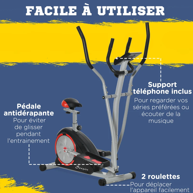 HOMCOM Vélo elliptique d'appartement vélo d'exercice magnétique 8 niveaux de résistance selle réglable écran LCD pour gymnase maison bureau noir