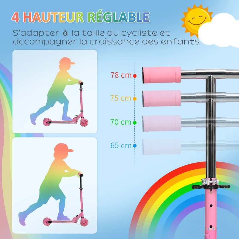 HOMCOM Trottinette pour enfants de 3 à 7 ans pliable roues lumineuses en PU musique 67 x 32 x 78 cm rose