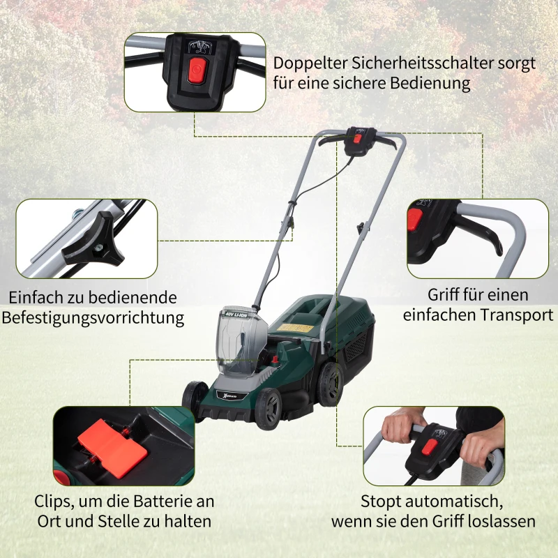 Durhand Akku-Rasenmäher mit 32 cm Schnittbreite 30-Liter-Grasfangkorb Höhenverstellung mit 2,5-Ah-Akku und Ladegerät 120 x 38 x 98 cm