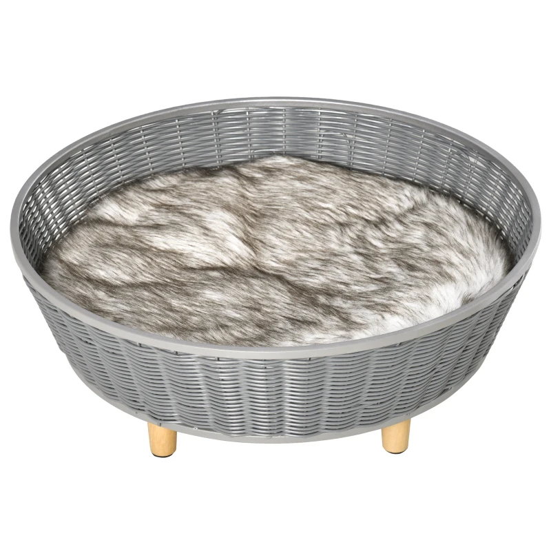 PawHut Panier pour chats surelevé canapé pour animaux en résine tressée imitation rotin lit sur pieds style cosy chic grand confort coussin moelleux lavable intégré 60 x 60 x 23,5 cm gris