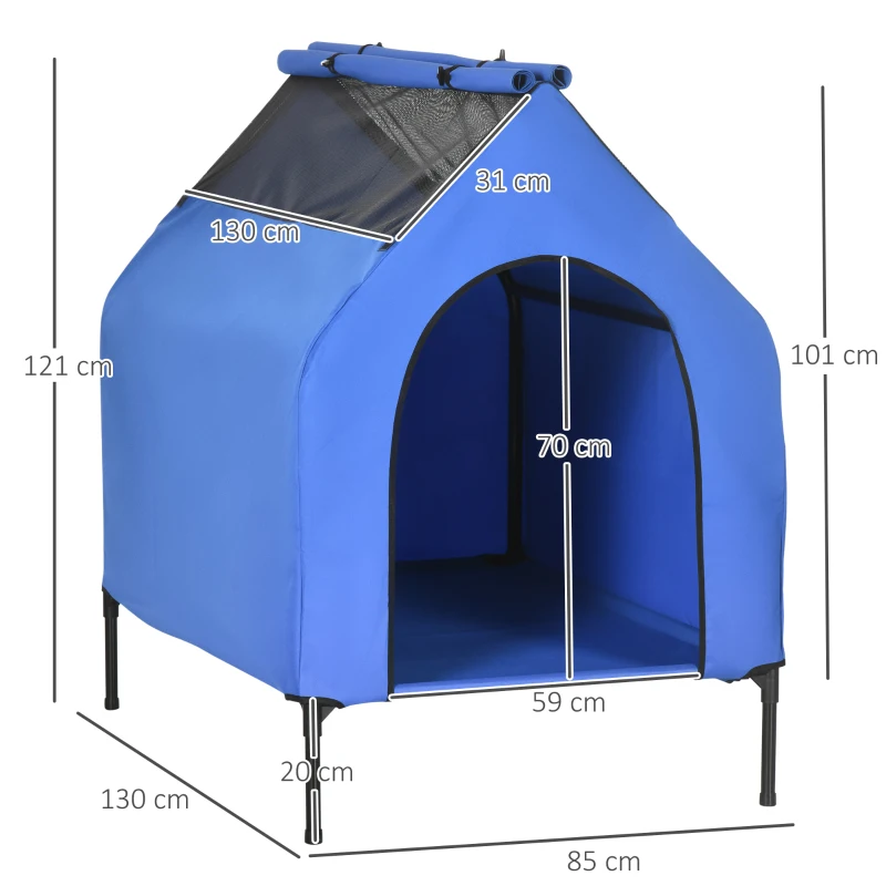 PawHut Caseta para Perros Grandes 130x85x121 cm Cama Elevada para Mascotas con Cubierta Desmontable y Ventanas de Malla Azul