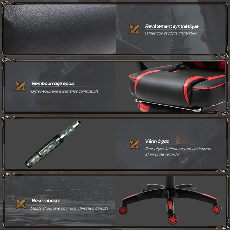 HOMCOM Fauteuil gamer, chaise gaming, siège de bureau réglable, avec repose-pieds et coussin, pivotant inclinable revêtement synthétique noir rouge