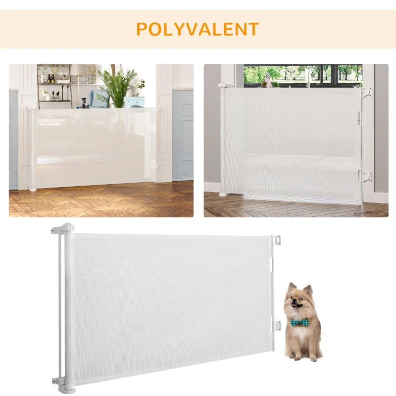 PawHut Barrière escalier chien rétractable opération à une main cadre en alliage d'aluminium tissu mesh 150 x  85 cm blanc