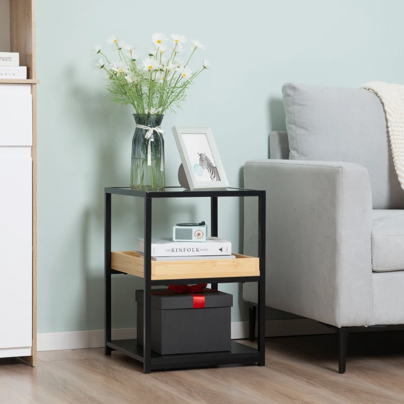 HOMCOM Mesa Auxiliar de 3 Niveles Mesita de Noche Estilo Moderno con Encimera de Cristal Estantes de Madera y de Acero para Dormitorio Salón 40x40x55 cm Negro