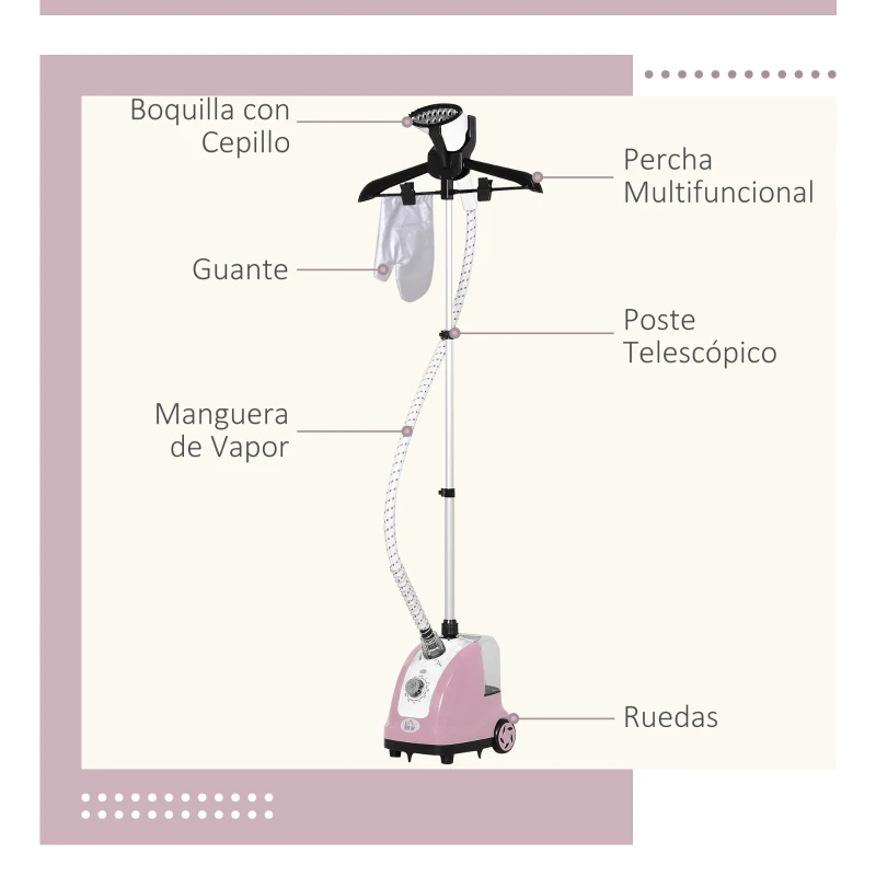HOMCOM Plancha Vertical 1800W 1,4 L con Temperatura Ajustable en 11 Niveles y Barra Telescópica para Hogar Oficina Rosa