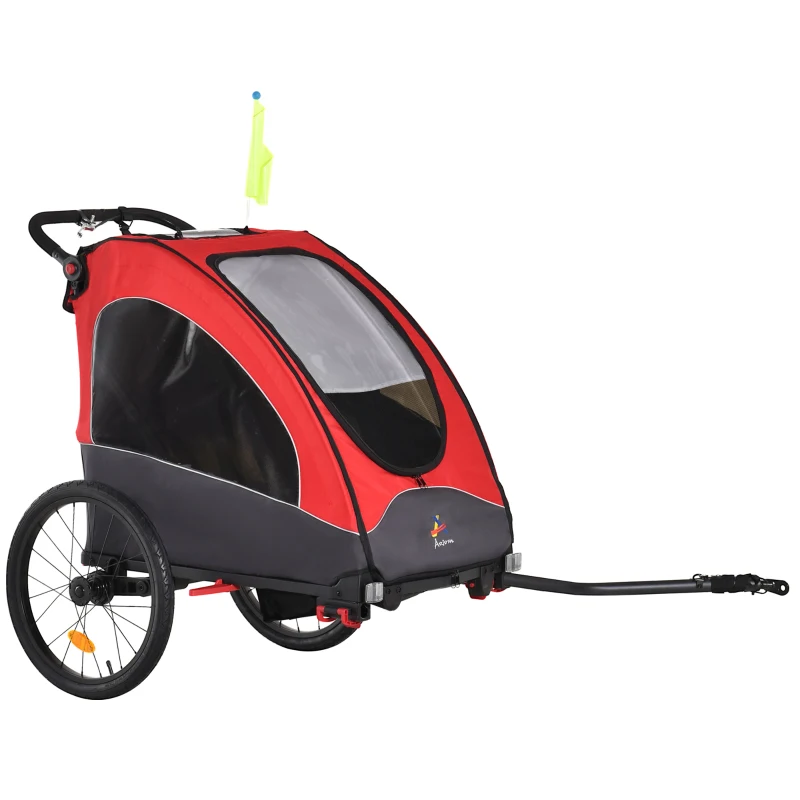 HOMCOM Remolque Infantil 3 en 1 para Bicicleta Carrito para Correr de 2 Plazas para Niños de +6 Meses Plegable Ruedas Giratorias y Manillar Ajustable 150x85x107 cm Rojo