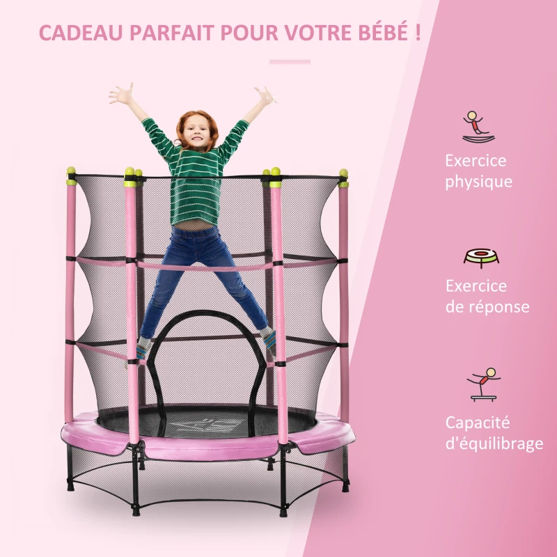HOMCOM Trampoline Enfant Ø 1,40 × 1,60H m Filet de sécurité Porte zipée Couvre-Ressorts 6 poteaux rembourrés Inclus Rose