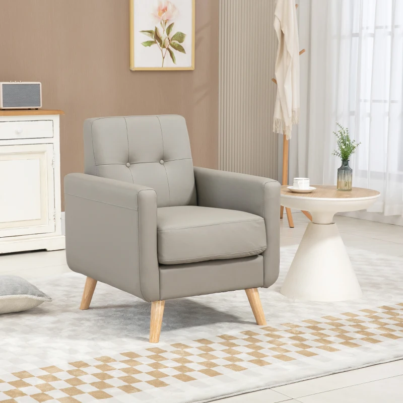 HOMCOM Retro Accent Chair, Tufted Living Room Chairs, PU Leather Armchair for Bedroom, Home Office, Grey