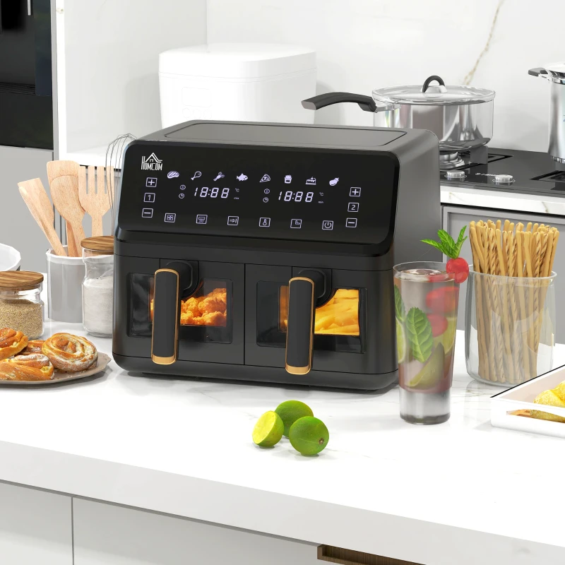 HOMCOM 8L 200°C Double Air Fryer, with 8 Preset Menus and Digital Display - Gold Tone/Black