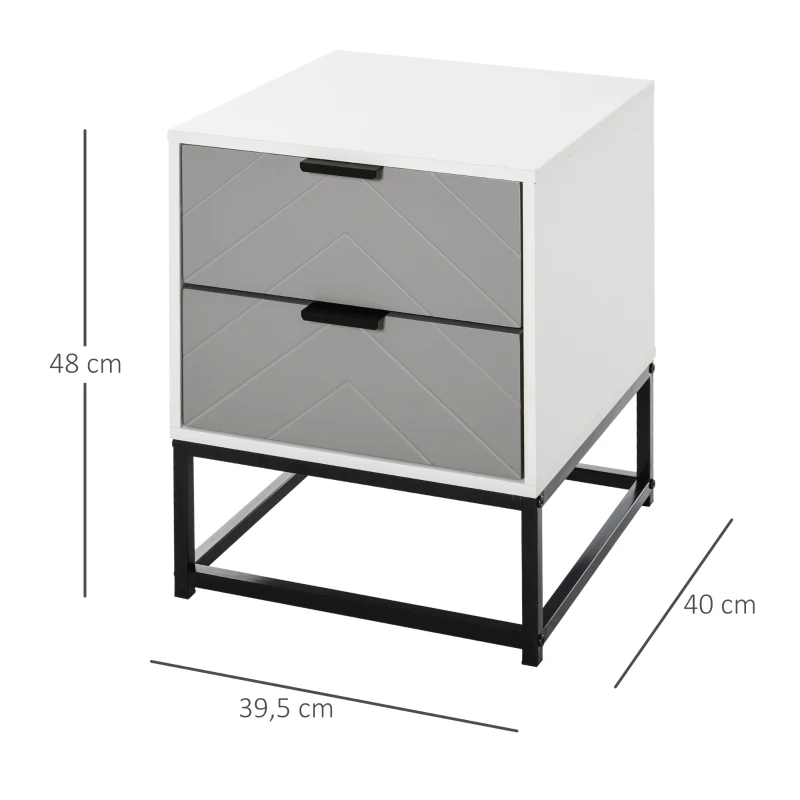 HOMCOM Mesita de Noche Mesa Auxiliar con 2 Cajones y Base Elevada de Metal para Dormitorio Cama Salón Estilo Moderno y Minimalista 39,5x40x48 cm Blanco y Gris