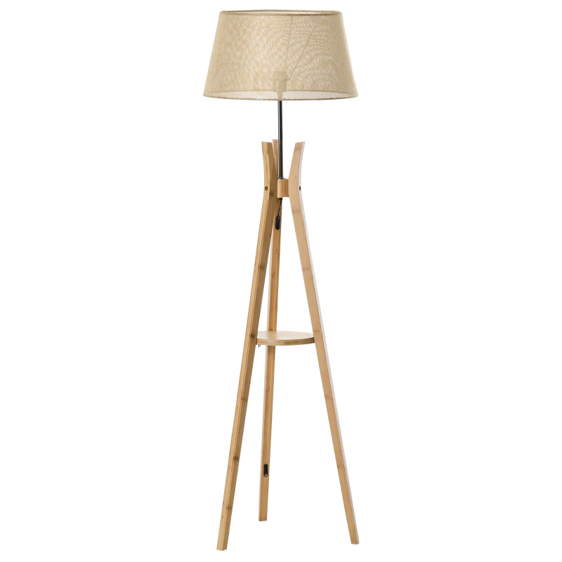 HOMCOM Natural Wood Tripod Floor Lamp Light E27 Base Bedroom Living Room Fabric Shade Storage Shelf Foot Switch, 156cm, Beige