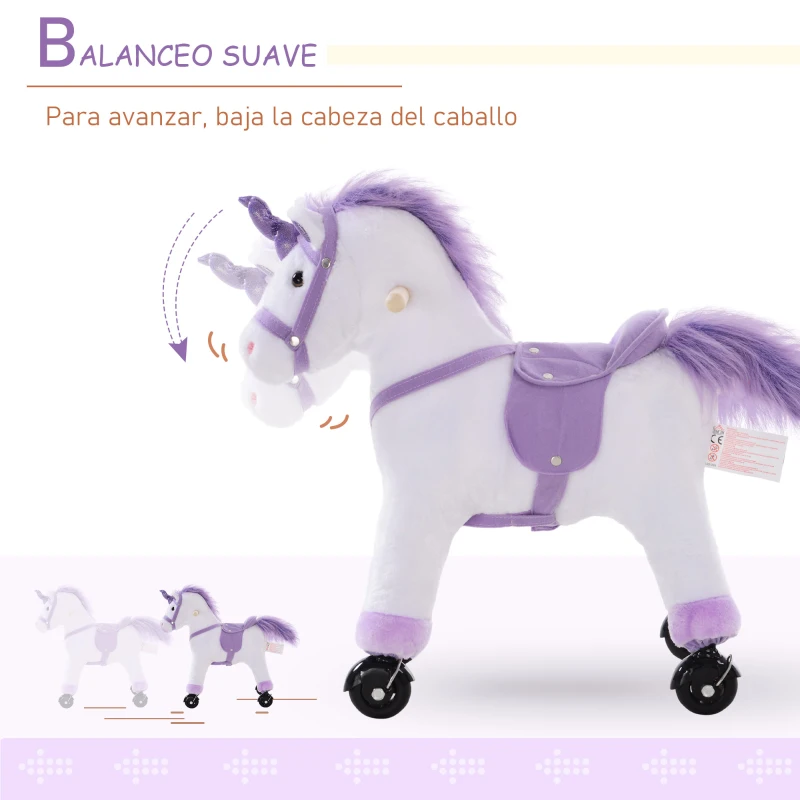 HOMCOM Caballo Pony Mecánico para Cabalgar Balancín con Ruedas Peluche Caballito Juguete con Sonidos 55x23x60cm