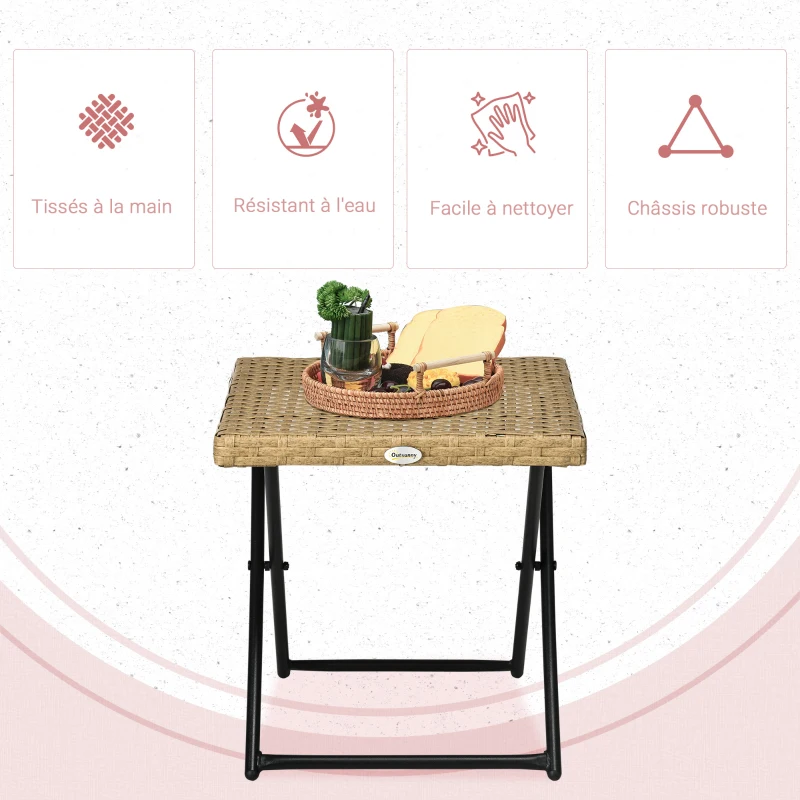 Outsunny Table basse pliable de jardin style cosy chic dim. 40L x 40l x 40H cm métal époxy résine tressée bois naturel