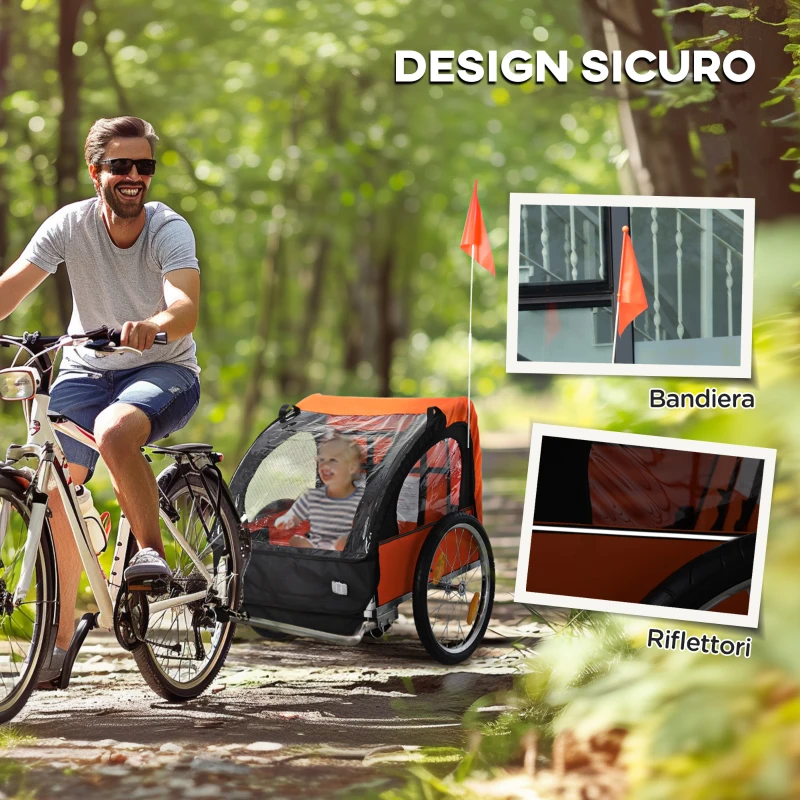 HOMCOM Rimorchio Bici Bambini con 2 Posti, 2 Cinture di Sicurezza, Telaio in Acciaio e Copertura in Tessuto Oxford Arancione