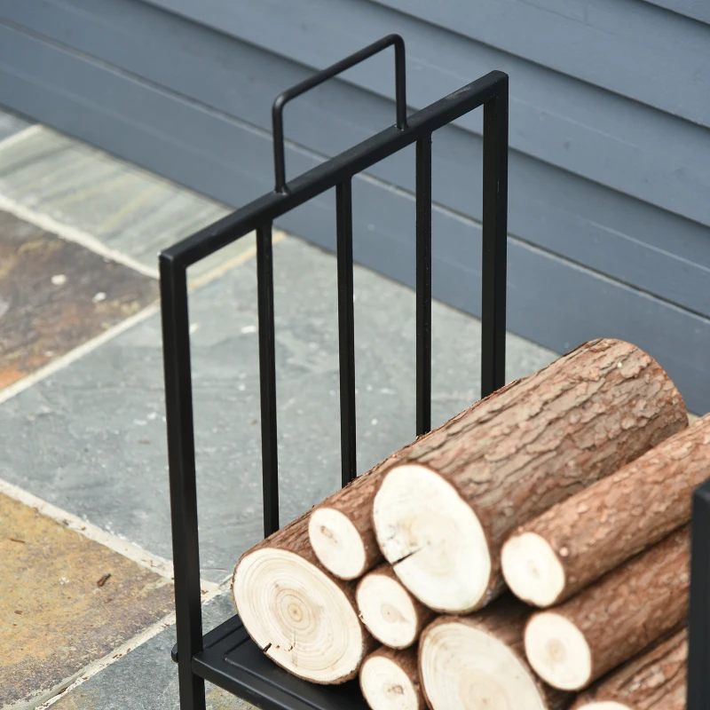 Outsunny Estante de Leña para Chimenea 44,5x33x46,5 cm Tradicional Leñero Interior y Exterior Almacenaje para Madera Soporte para Leña con Asas Diseño Elevado Negro