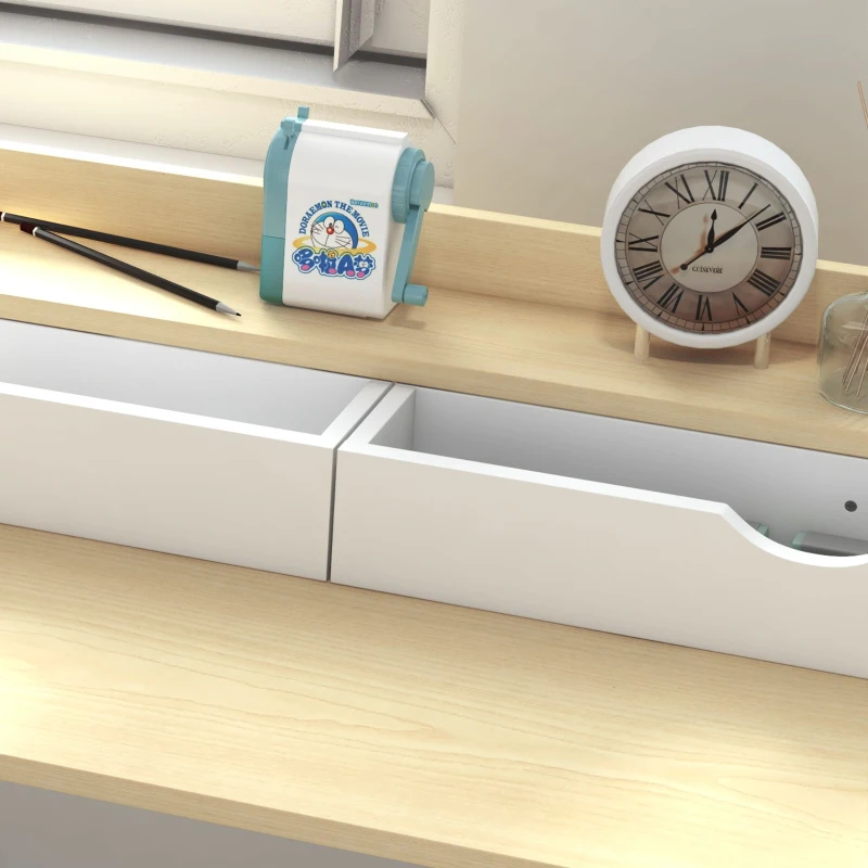 HOMCOM Bureau avec étagère de rangement et 2 tiroirs style moderne effet bois naturel et métal blanc - 106L x 50D x 89H cm