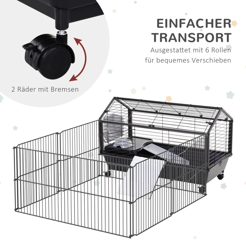 Pawhut Kleintierkäfig mit Freigehege inkl. Zubehör 88 cm x 128,5 cm x 56 cm  4 Rollen Schwarz Metall Polypropylen
