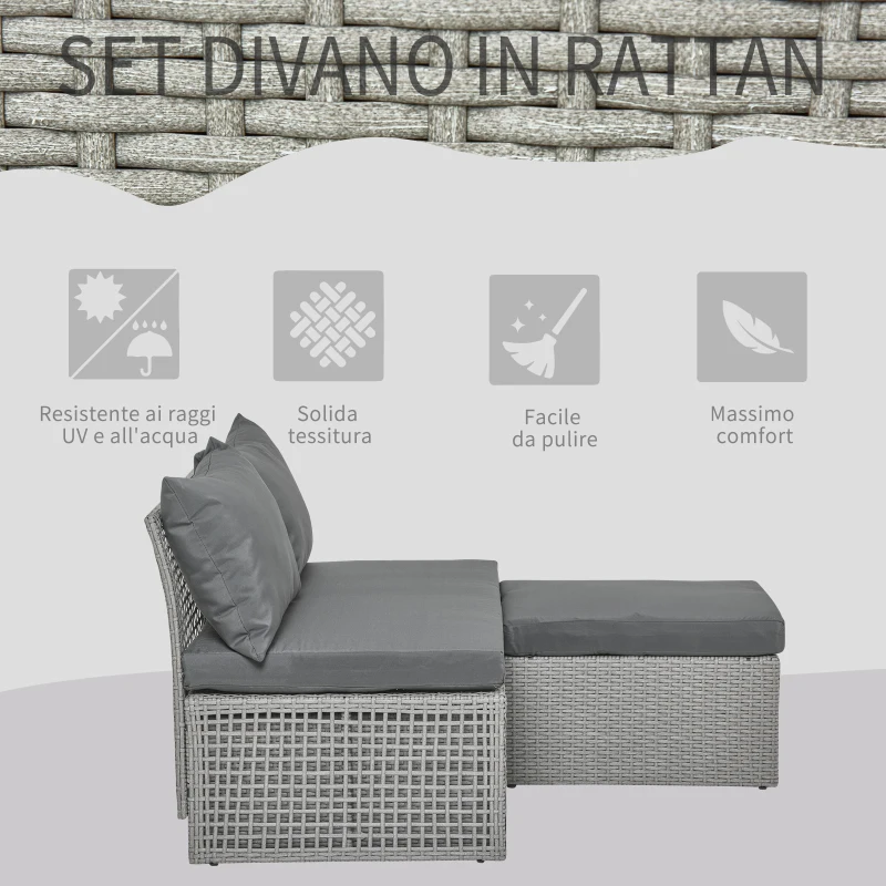 Outsunny Set Mobili da Giardino con Divano 2 Posti, Contenitore e Pouf in Rattan PE Salvaspazio con Cuscini, Grigio