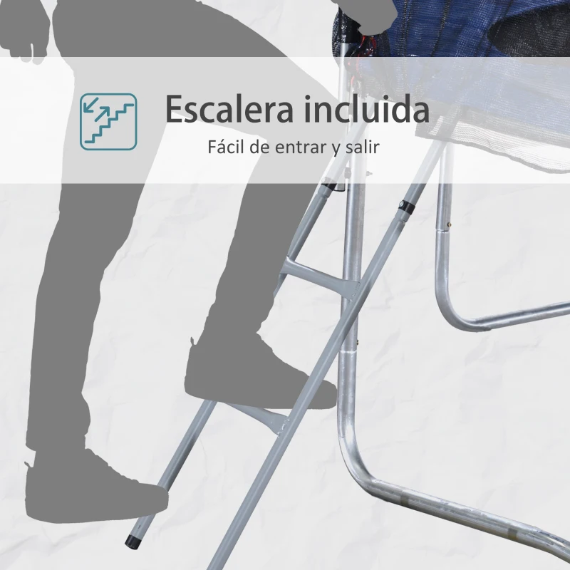 HOMCOM Cama Elástica Multifuncional Estable para Exterior e Interior Patio Gimnasio Trampolín Grande con Red Seguridad y Escalera Carga 100kg para Adultos y Niños Φ244x205 cm Azul