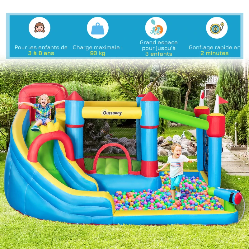 Outsunny Château gonflable aire de jeux avec toboggan trampoline piscines + 3-8 ans 390 x 300 x 197 cm - multicolore