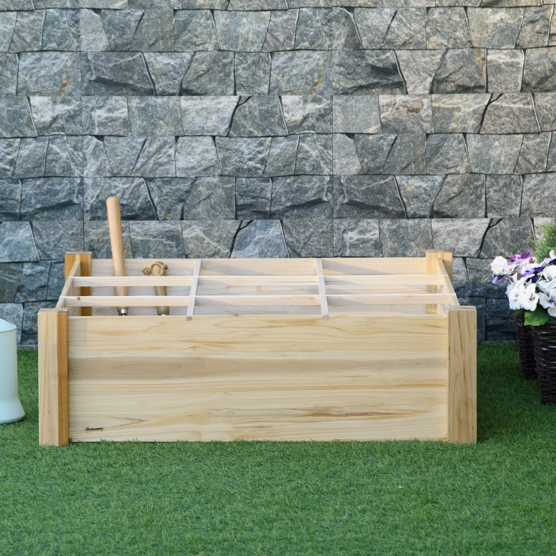 Outsunny Huerto Urbano de Madera Cuadrada 90x90x28 cm con 9 Compartimentos Extraíbles Arriate de Jardín para Cultivos Plantas Flores Natural